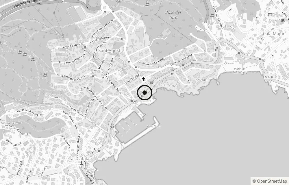 Map of San Agustín with the bakery marked at Avinguda Joan Miró 338