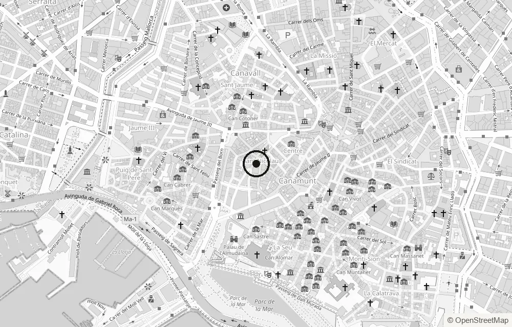 Map of the old town with the bakery marked at Plaça Frederic Chopin 1